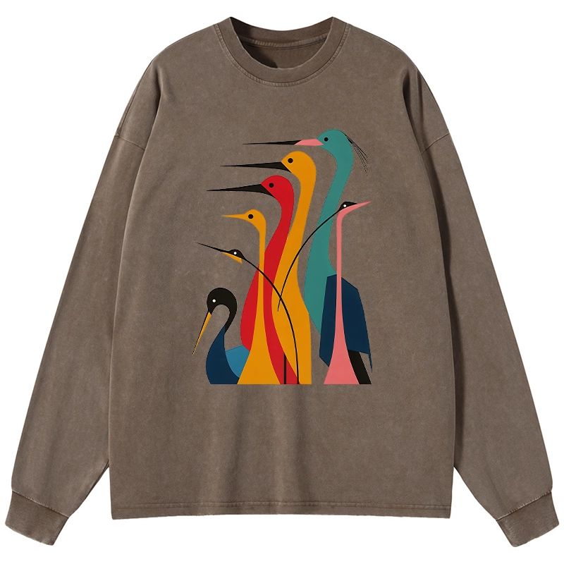 Tokyo-Lion Various Types Of Cranes Washed Long Sleeve T-Shirt