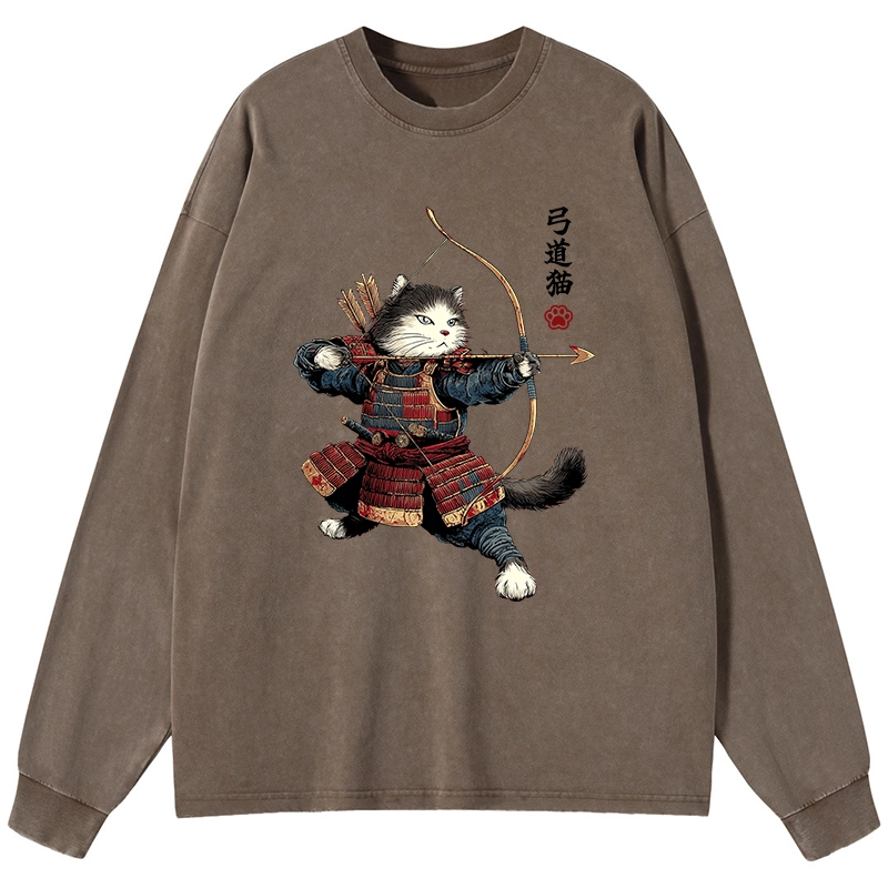 Tokyo-Lion Kyudo Samurai Cat Washed Long Sleeve T-Shirt