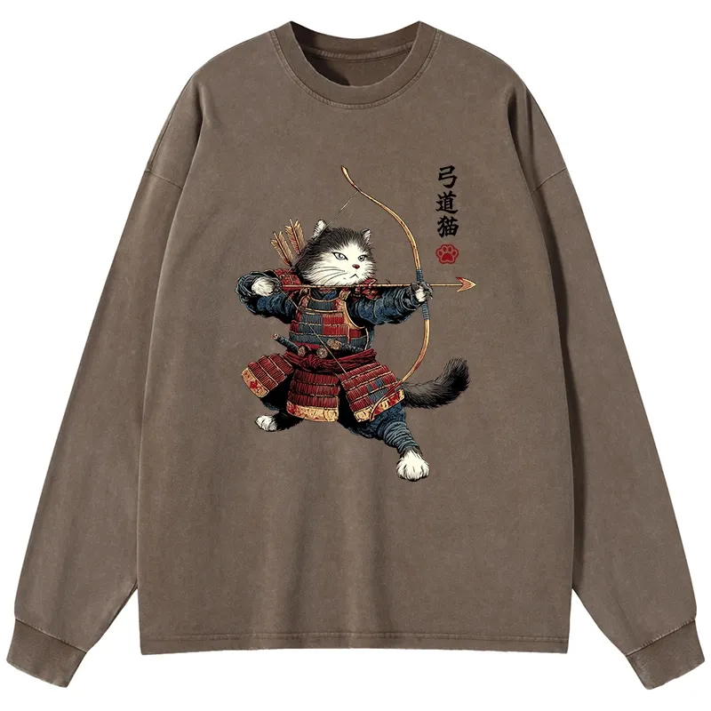 Tokyo-Lion Kyudo Samurai Cat Washed Long Sleeve T-Shirt