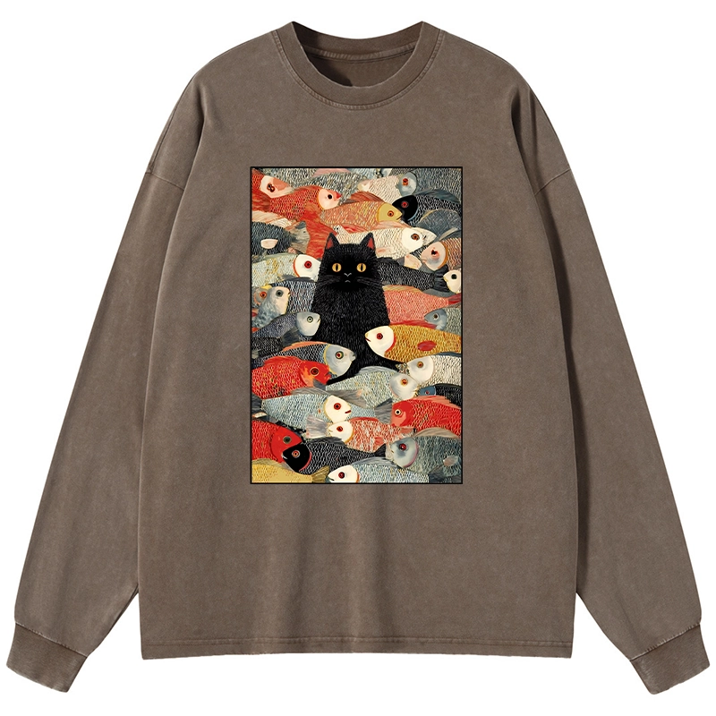 Tokyo-Lion Cats And Fish Washed Long Sleeve T-Shirt