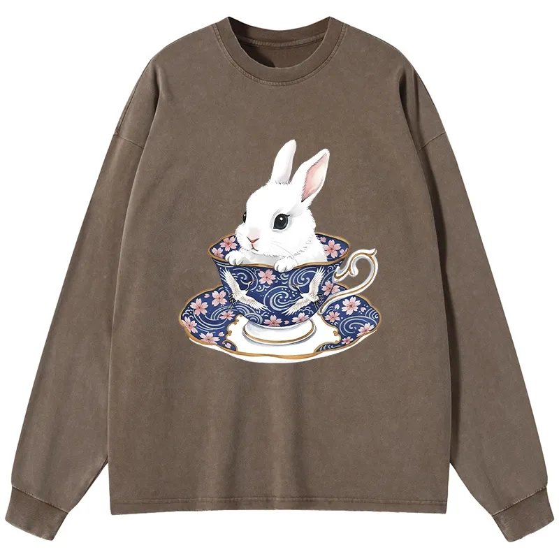 Tokyo-Lion Cute Rabbit Tea Set Washed Long Sleeve T-Shirt