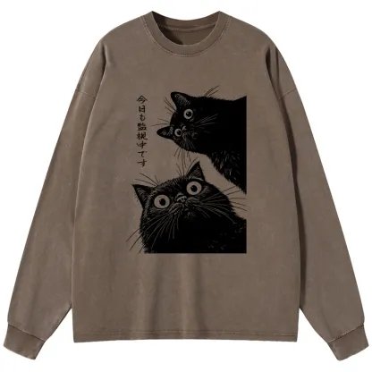 Tokyo-Lion The Cat Is Watching Today Washed Long Sleeve T-Shirt
