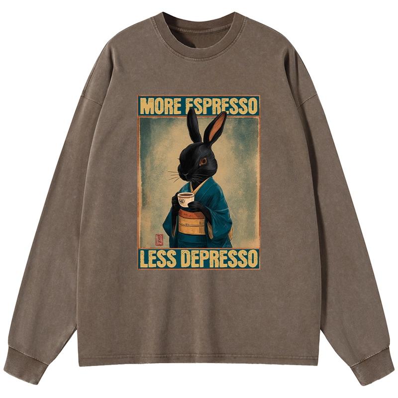 Tokyo-Lion More Espresso Less Depresso Rabbit Washed Long Sleeve T-Shirt