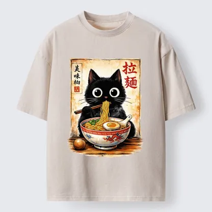 Tokyo-Lion Cute Cat Slurping Ramen Washed T-Shirt