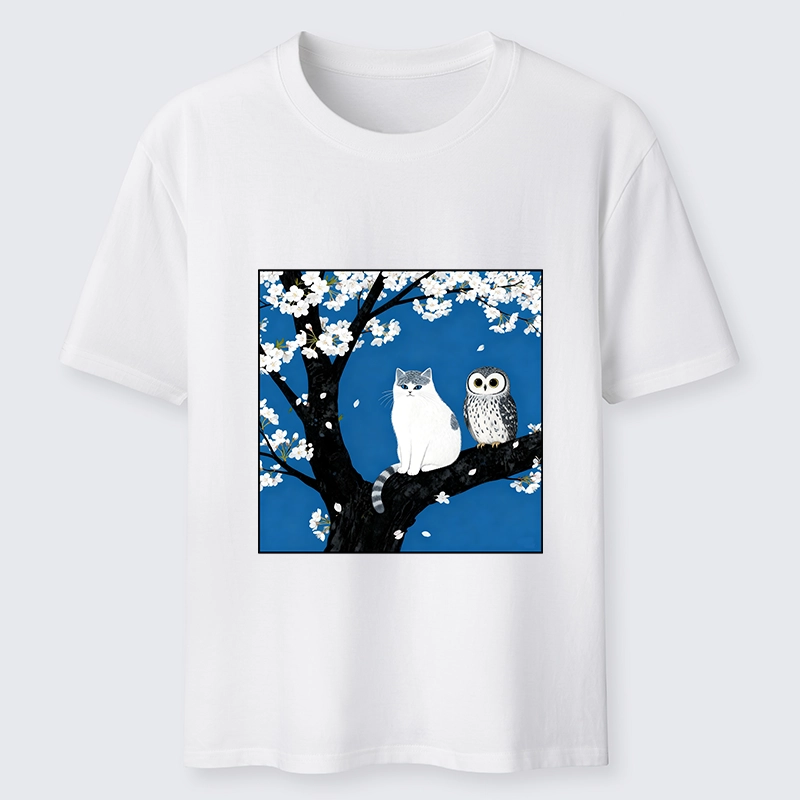 Tokyo-Lion Cat And Owl Under Sakura Classic T-Shirt