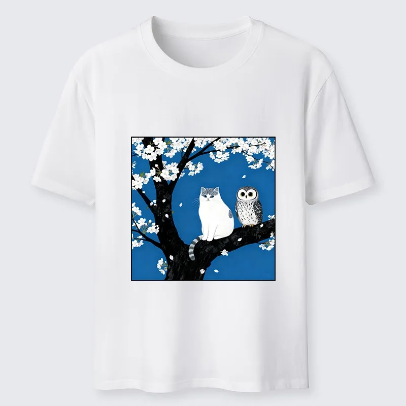 Tokyo-Lion Cat And Owl Under Sakura Classic T-Shirt