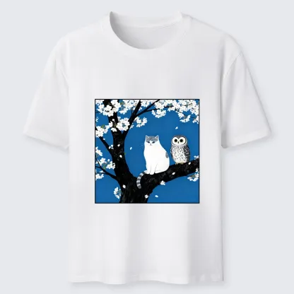 Tokyo-Lion Cat And Owl Under Sakura Classic T-Shirt
