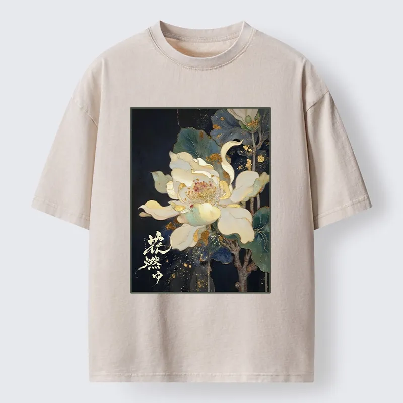 Tokyo-Lion Lotus Adorned With Golden Specks Washed T-Shirt