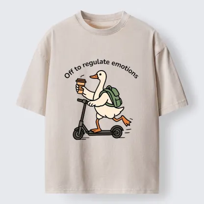 Tokyo-Lion Scooter-Riding Duck’s Self-Care Washed T-Shirt