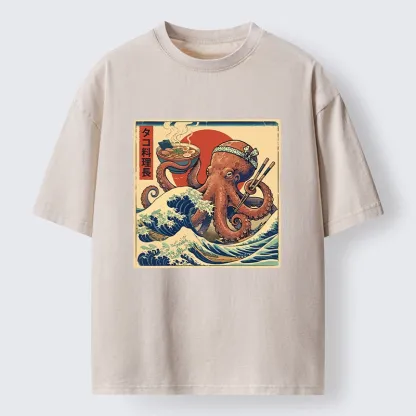Tokyo-Lion Ukiyo-E Octopus Ramen Master Washed T-Shirt