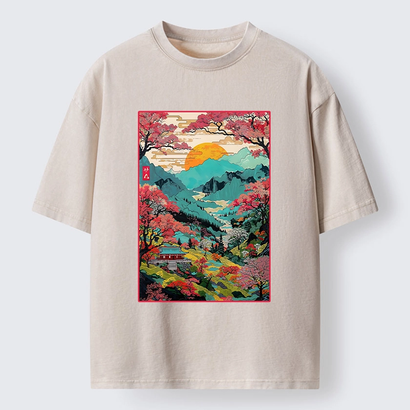 Tokyo-Lion Golden Sun Over Serene Valley Washed T-Shirt