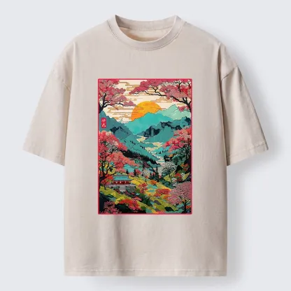 Tokyo-Lion Golden Sun Over Serene Valley Washed T-Shirt