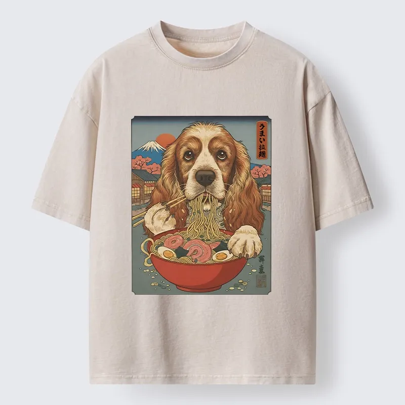 Tokyo-Lion Dog Slurping Ramen In Japanese Style Washed T-Shirt