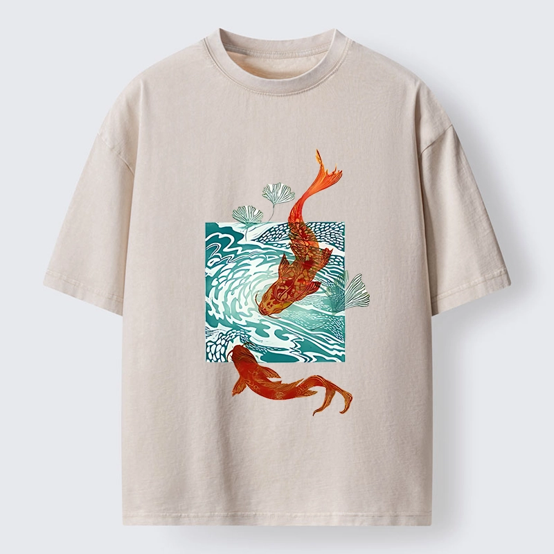 Tokyo-Lion Vibrant Koi In Wave Patterns Washed T-Shirt
