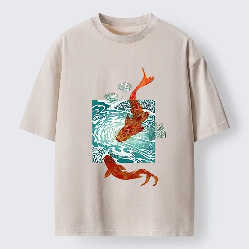 Tokyo-Lion Vibrant Koi In Wave Patterns Washed T-Shirt