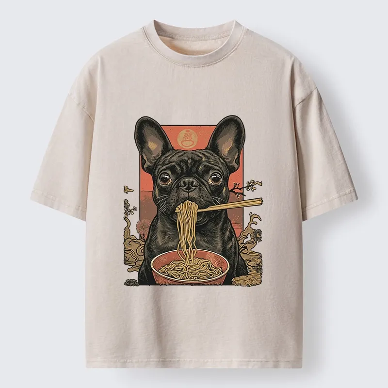 Tokyo-Lion Vintage Style Dog And Ramen Art Washed T-Shirt