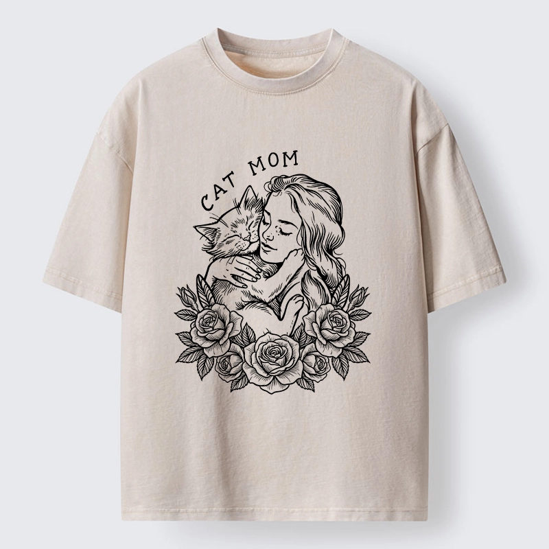 Tokyo-Lion Cat Mom Cuddling Her Kitten Washed T-Shirt