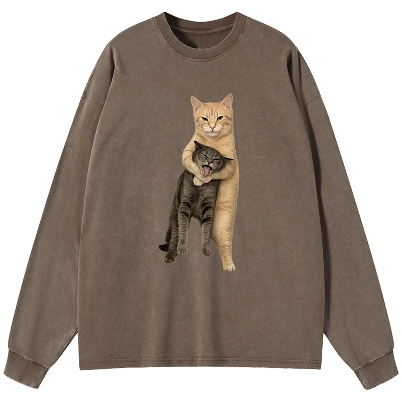 Tokyo-Lion Orange Cat’s Tight Embrace Washed Long Sleeve T-Shirt