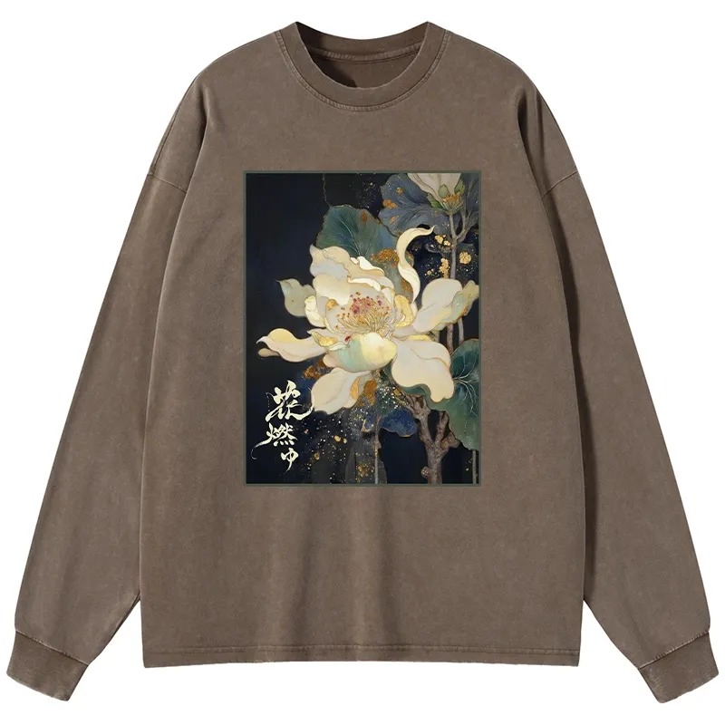 Tokyo-Lion Lotus Adorned With Golden Specks Washed Long Sleeve T-Shirt