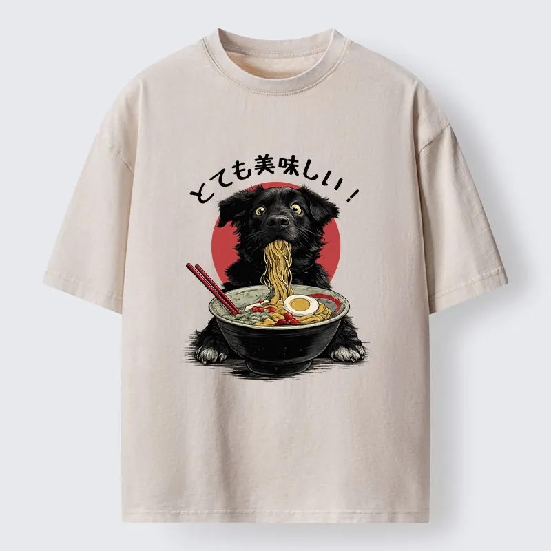 Tokyo-Lion Dog Eating Ramen Joyfully Washed T-Shirt
