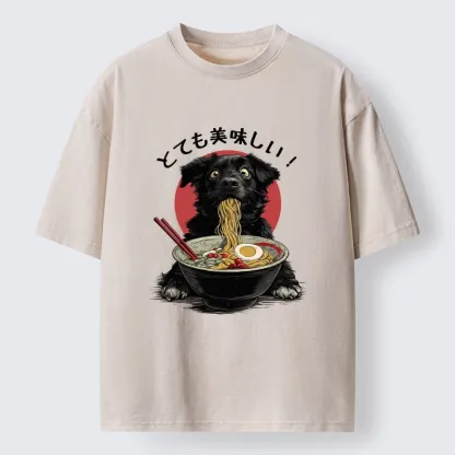 Tokyo-Lion Dog Eating Ramen Joyfully Washed T-Shirt