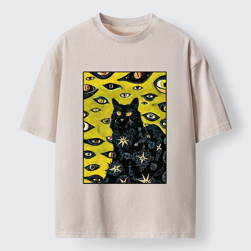 Tokyo-Lion Cat With Many Eyes And Stars Washed T-Shirt