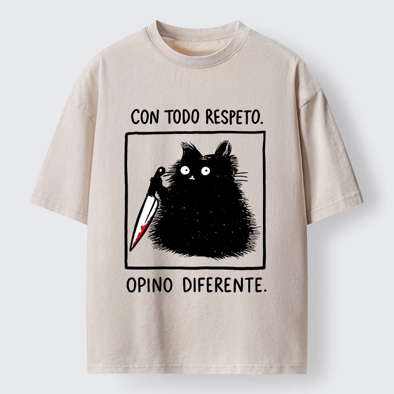 Tokyo-Lion Black Cat Holds Knife Disagrees Washed T-Shirt