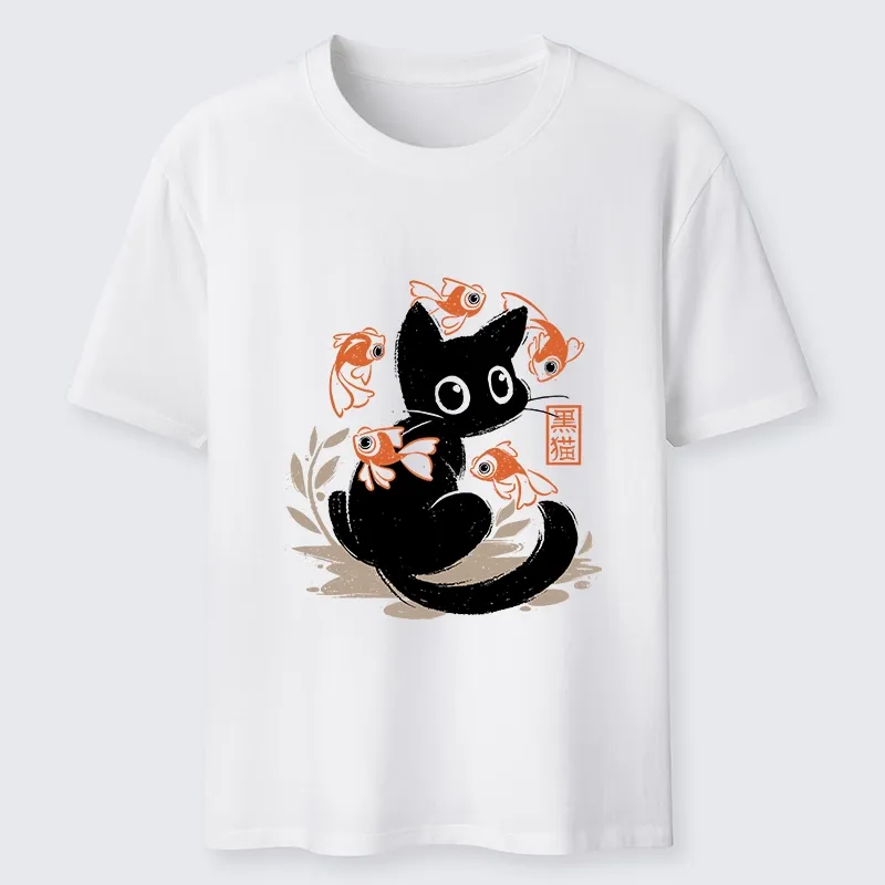 Tokyo-Lion Curious Black Cat Among Fish Classic T-Shirt-Tokyo-Lion