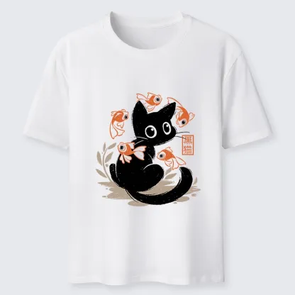 Tokyo-Lion Curious Black Cat Among Fish Classic T-Shirt-Tokyo-Lion
