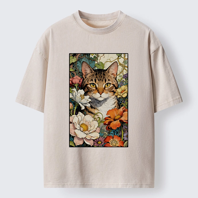 Tokyo-Lion A Cat Hidden In Flowers Washed T-Shirt-Tokyo-Lion