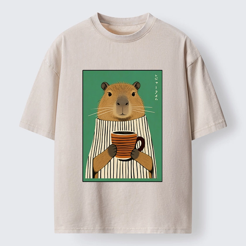 Tokyo-Lion Capybara Coffee Time Washed T-Shirt-Tokyo-Lion