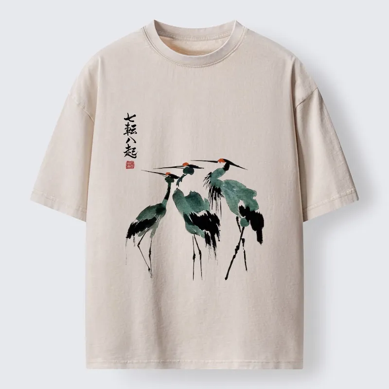 Tokyo-Lion Spirited Up Cranes Ink Painting Washed T-Shirt-Tokyo-Lion
