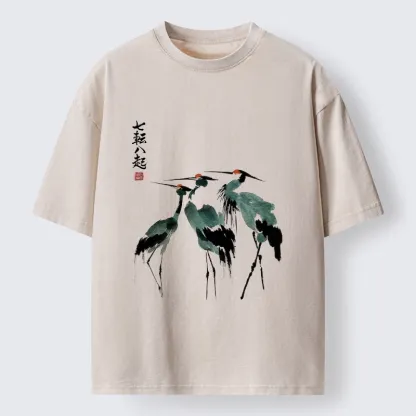 Tokyo-Lion Spirited Up Cranes Ink Painting Washed T-Shirt-Tokyo-Lion