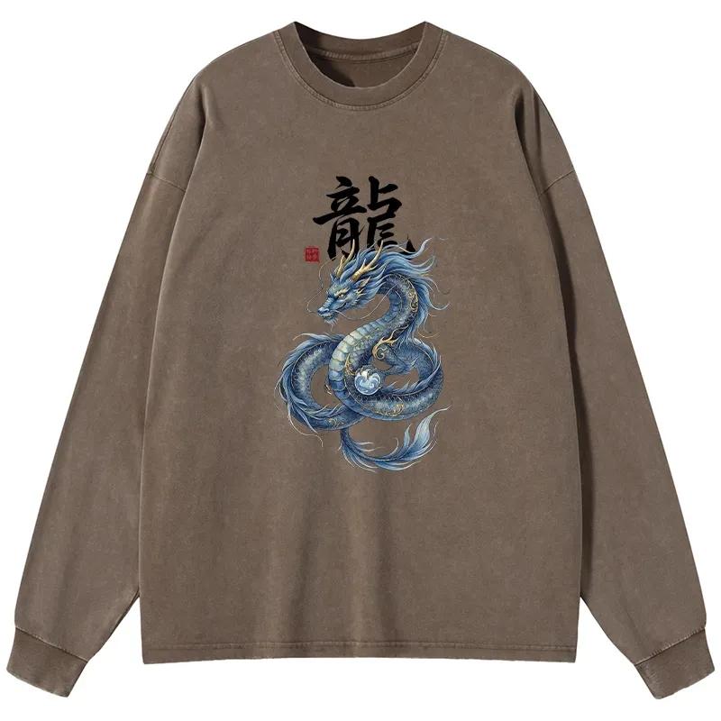 Tokyo-Lion Mythic Blue Dragon Washed Long Sleeve T-Shirt