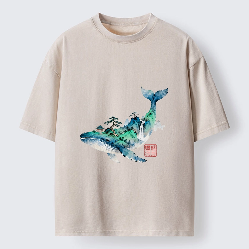 Tokyo-Lion Whale Ink Painting Landscape Washed T-Shirt
