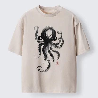 Tokyo-Lion Japanese Ink Octopus Art Washed T-Shirt