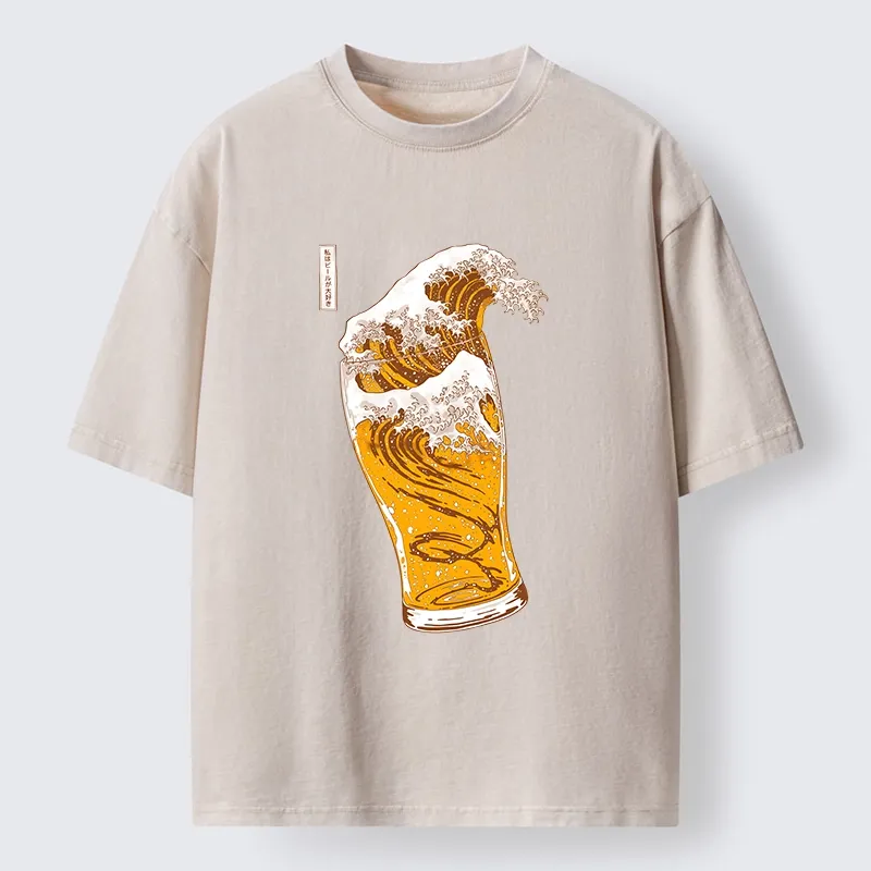 Tokyo-Lion Great Beer Wave Print Washed T-Shirt
