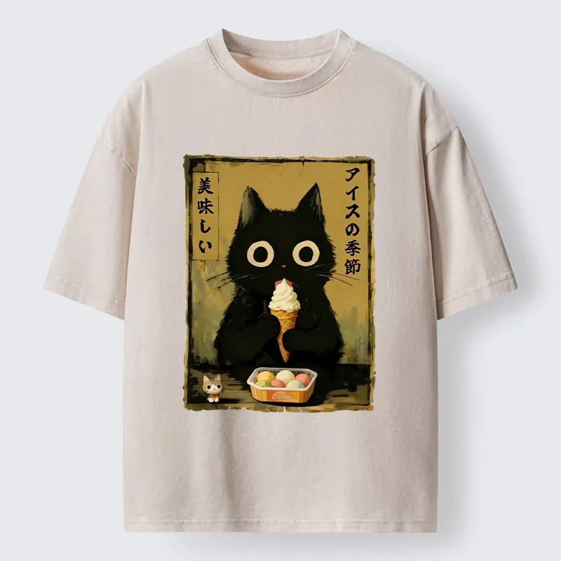 Tokyo-Lion Black Cat Loves Ice Cream Washed T-Shirt
