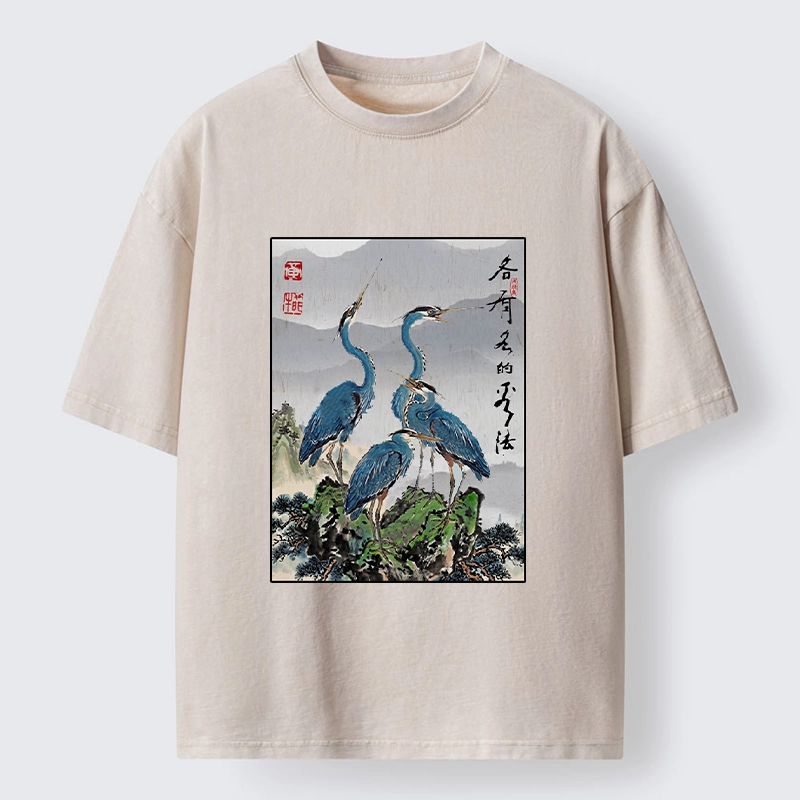 Tokyo-Lion Cranes On Rock Zen Nature Washed T-Shirt