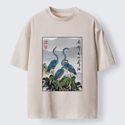 Tokyo-Lion Cranes On Rock Zen Nature Washed T-Shirt