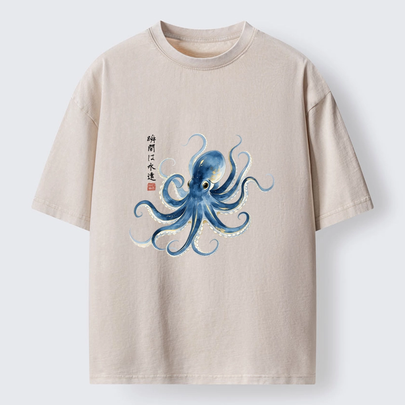 Tokyo-Lion Stylish Blue Octopus Japanese Washed T-Shirt