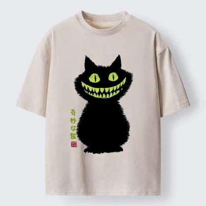 Tokyo-Lion Spooky Black Cat With Green Teeth Washed T-Shirt