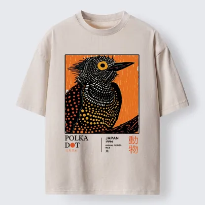 Tokyo-Lion Polka Dot Bird Japanese Art Poster Washed T-Shirt