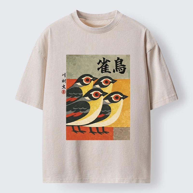 Tokyo-Lion Cute Sparrows In Retro Japanese Print Washed T-Shir