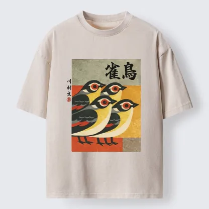 Tokyo-Lion Cute Sparrows In Retro Japanese Print Washed T-Shir