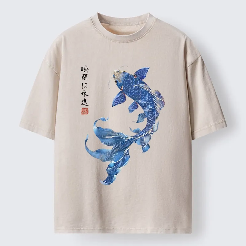 Tokyo-Lion Lucky Blue Koi Fish Art Washed T-Shirt