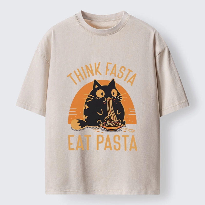 Tokyo-Lion Cute Black Cat Eating Pasta Washed T-Shirt