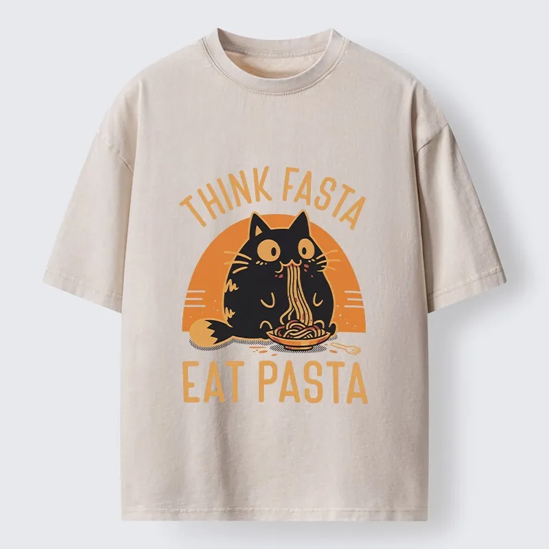 Tokyo-Lion Cute Black Cat Eating Pasta Washed T-Shirt