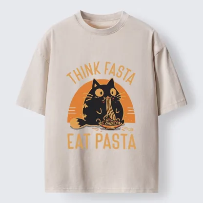 Tokyo-Lion Cute Black Cat Eating Pasta Washed T-Shirt