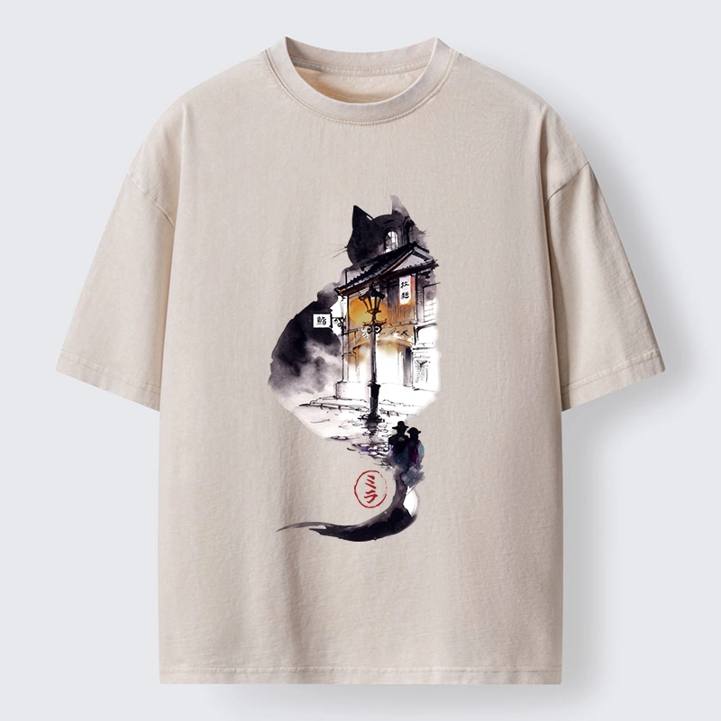 Tokyo-Lion Black Cat Night Street Silhouette Washed T-Shirt